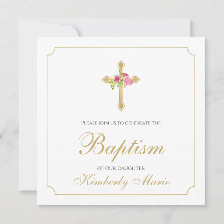 Baptism Gold Cross Pink Roses Christian Invitation | Zazzle