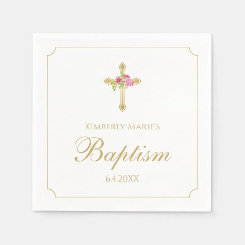 Baptism Gold Cross Pink Roses Floral Monogrammed Napkins