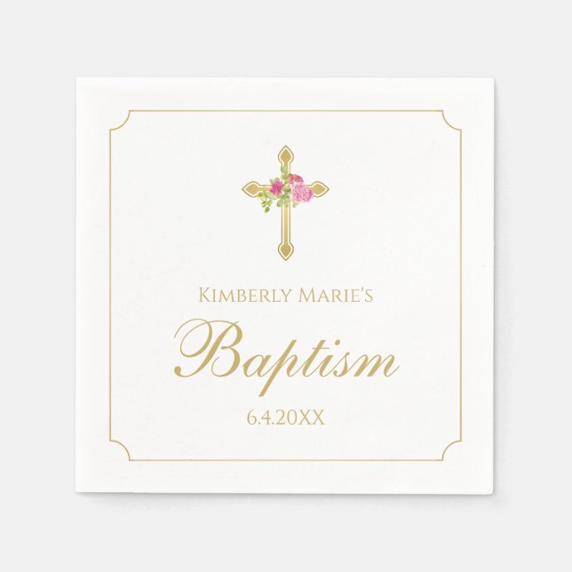 Baptism Gold Cross Pink Roses Floral Monogrammed Napkins (Front)