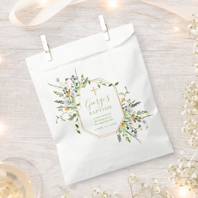 Baptism Gold Cross wildflowers Favor Bags (Clipped)