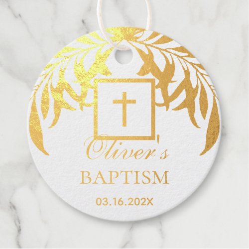 Baptism Gold Leaves Gender Neutral Script Foliage Foil Favor Tags