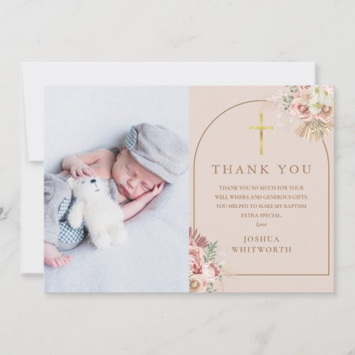 Baptism Gold Pampas Grass Photo Collage Thank You Card