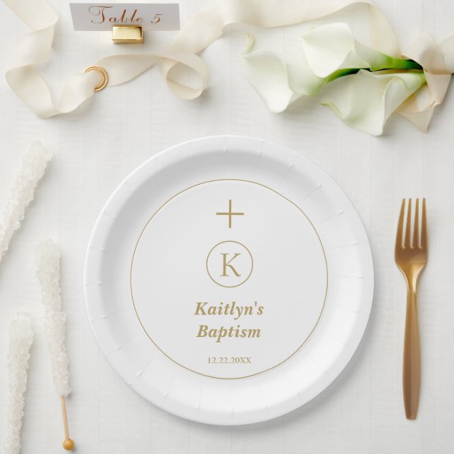 Baptism Gold White Monogram Initials Elegant Cool Paper Plates (Wedding)