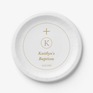 Baptism Gold White Monogram Initials Elegant Cute Paper Plates