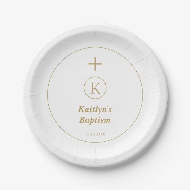 Baptism Gold White Monogram Initials Elegant Cute Paper Plates (Front)