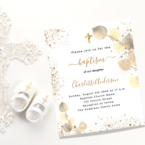 Baptism golden eucalyptus budget invitation flyer