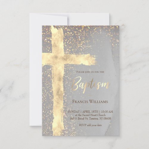 Baptism golden watercolor cross invitation