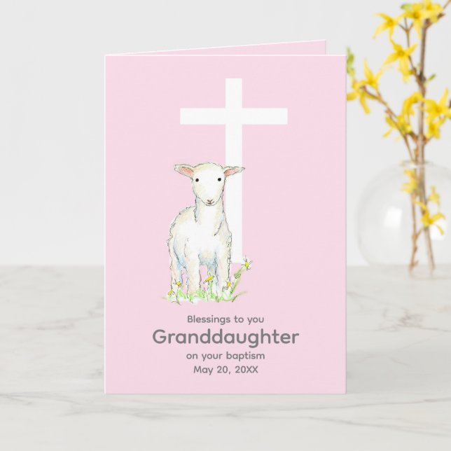 Baptism Granddaughter Lamb Cross Religious Pink Card (Yellow Flower)