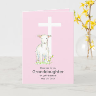 Baptism Granddaughter Lamb Cross Religious Pink Card