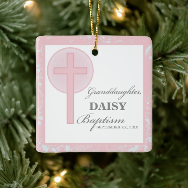 Baptism Granddaughter Pink Lace Personalized Ceramic Ornament (Tree)
