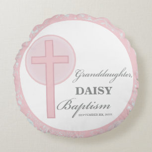 Baptism Granddaughter Pink Lace Personalized Round Pillow