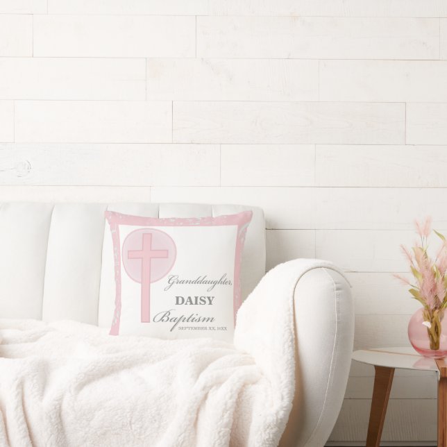 Baptism Granddaughter Pink Lace Personalized Throw Pillow (Couch)