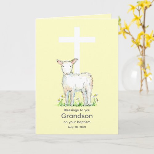 Baptism Grandson Blessings Lamb Cross Religious Card