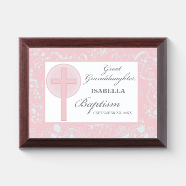 Baptism Great Granddaughter Pink Lace Personalized Award Plaque (Horizontal)