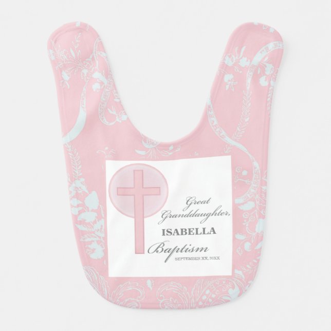 Baptism Great Granddaughter Pink Lace Personalized Baby Bib (Front)