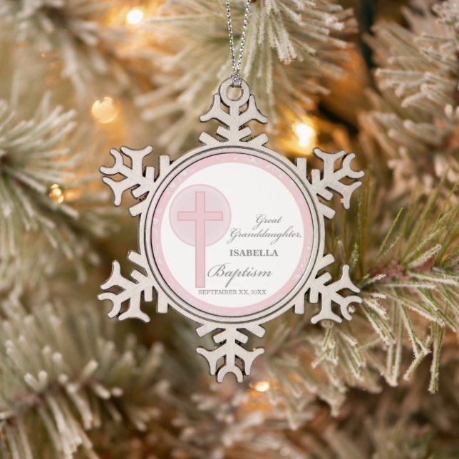Baptism Great Granddaughter Pink Lace Personalized Snowflake Pewter Christmas Ornament (Tree)