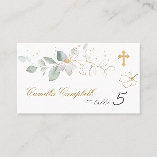 Baptism Green Gold Foliage Place card