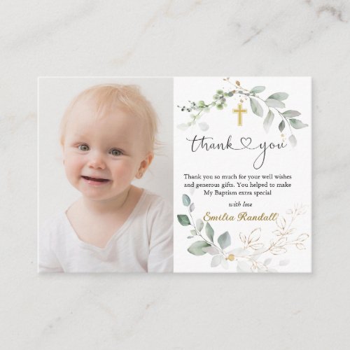 Baptism Green Gold Foliage Thank You Enclosure Card