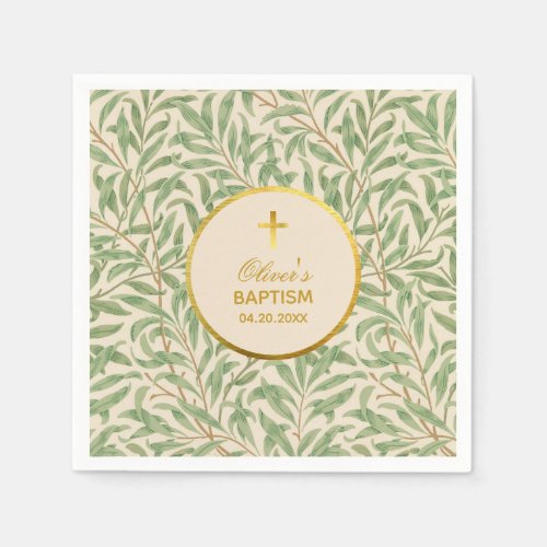 Baptism Green Leaves Faux Gold Willow Bough Morris Napkins