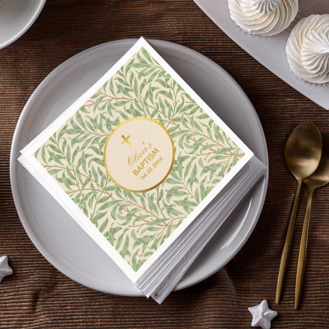 Baptism Green Leaves Faux Gold Willow Bough Morris Napkins (Creator Uploaded)