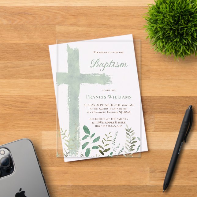 Baptism green watercolor cross acrylic invitations (Insitu (Invitation Card))
