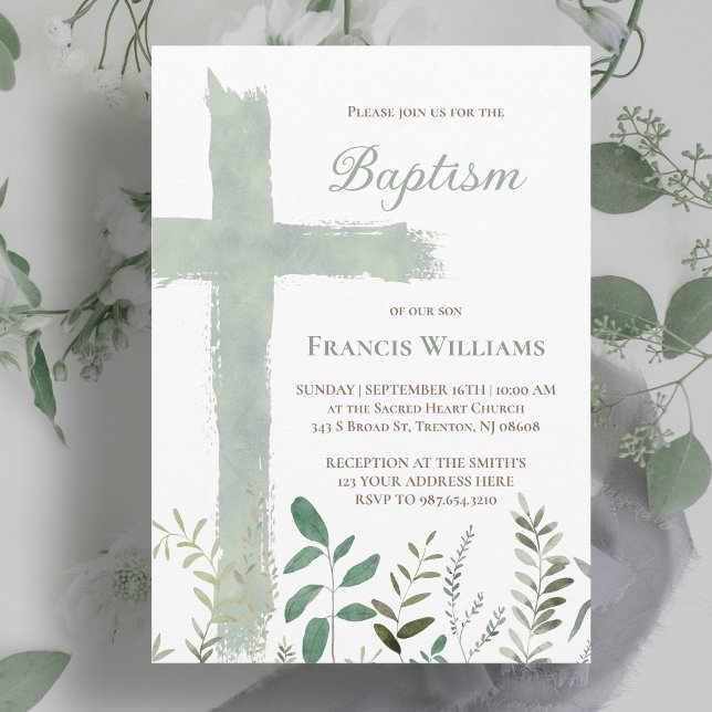 Baptism green watercolor cross invitation (Creator Uploaded)