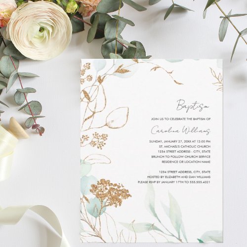 Baptism Greenery and Golden Invitation