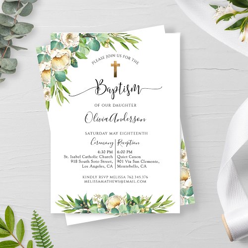 Baptism Greenery and White Gold Yellow Floral Invitation