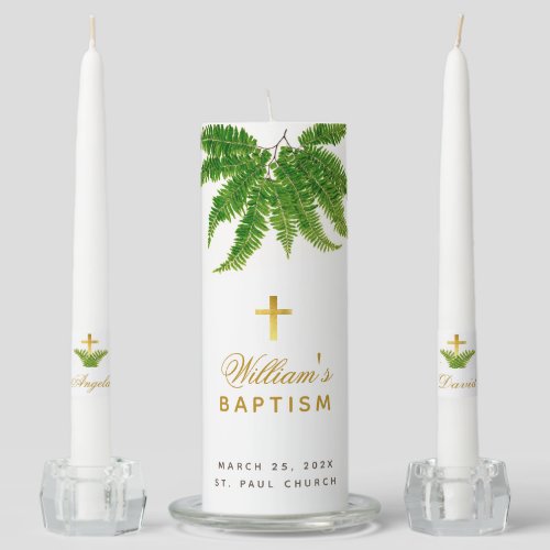 Baptism Greenery Botanical Fern Script Gold Cross Unity Candle Set