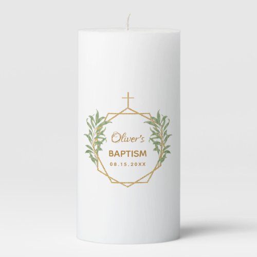 Baptism Greenery Botanical Geometric Gold Cross Pillar Candle