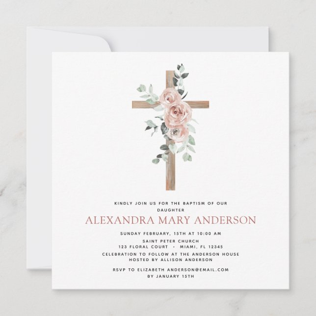 Baptism Greenery Dusty Pink Rose Cross Christian Invitation (Front)