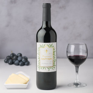 Baptism Greenery Faux Gold Cross Marble Botanical Wine Label