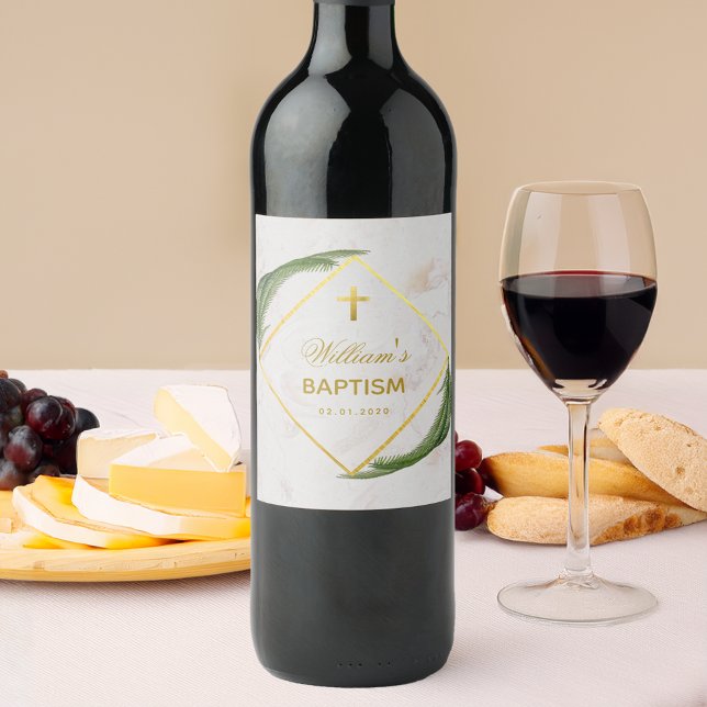 Baptism Greenery Faux Gold Fern Leaves Marble Wine Label (Creator Uploaded)