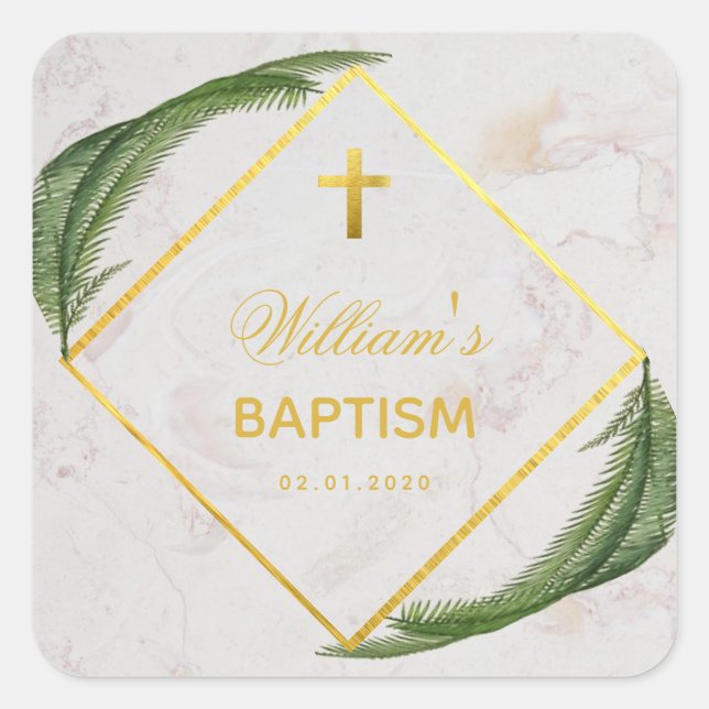 Baptism Greenery Faux Gold Foil Fern Leaves Marble Square Sticker (Front)