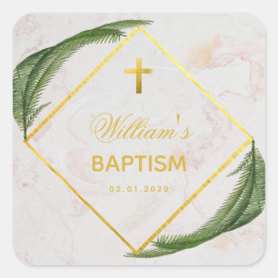 Baptism Greenery Faux Gold Foil Fern Leaves Marble Square Sticker