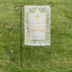 Baptism Greenery Faux Gold Foil Marble Welcome Garden Flag