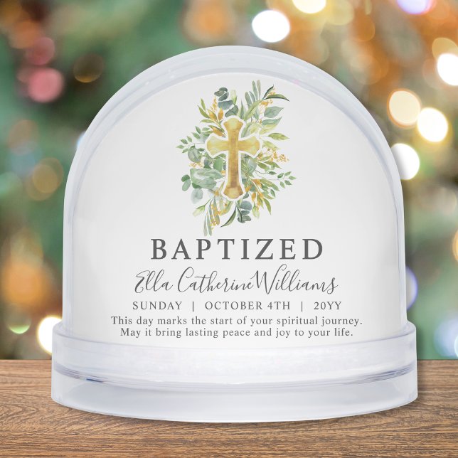Baptism Greenery Floral Gold Cross Custom  Snow Globe (Creator Uploaded)