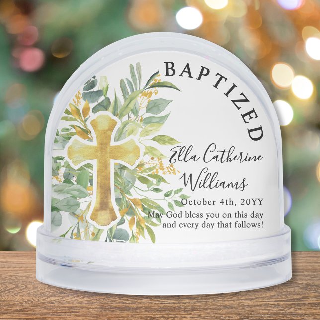 Baptism Greenery Floral Gold Cross Custom Snow Globe (Creator Uploaded)
