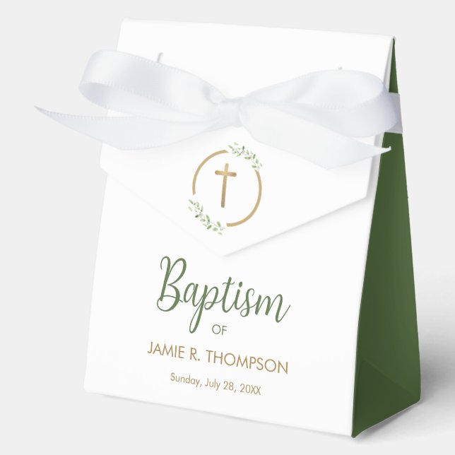 Baptism Greenery Foliage Wreath Gold cross custom Favor Boxes (Front)