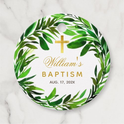 Baptism Greenery Gender Neutral Gold Green Foliage Favor Tags