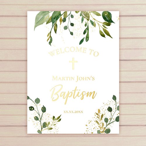 Baptism greenery gold details welcome sign