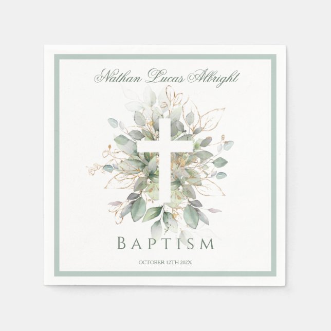 Baptism Greenery Leaves Cross  Napkins (Front)
