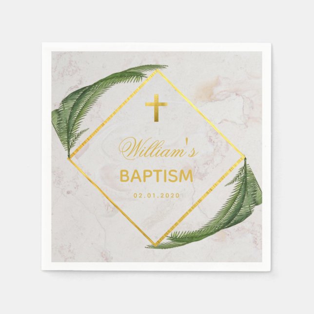 Baptism Greenery Marble Faux Gold Foil Fern Leaves Napkins (Front)
