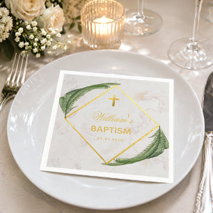Baptism Greenery Marble Faux Gold Foil Fern Leaves Napkins