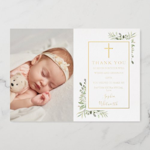 Baptism Greenery Photo Gold Foil Thank You Card