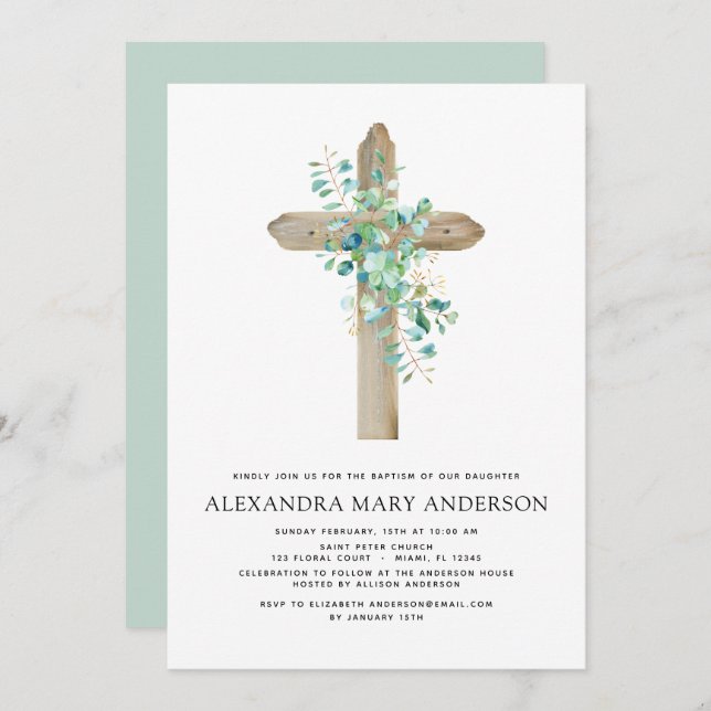Baptism Greenery Sage Eucalyptus Invitation (Front/Back)