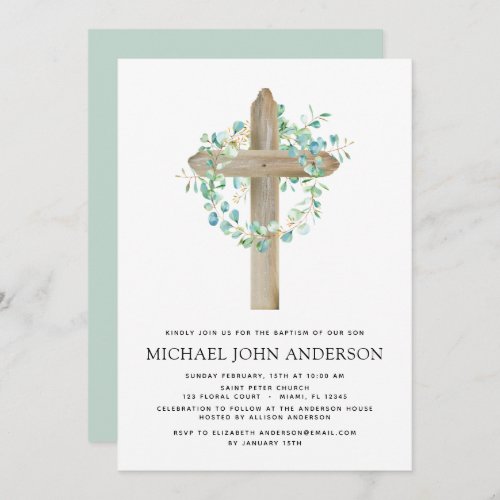 Baptism Greenery Sage Eucalyptus Wooden Cross Invi Invitation