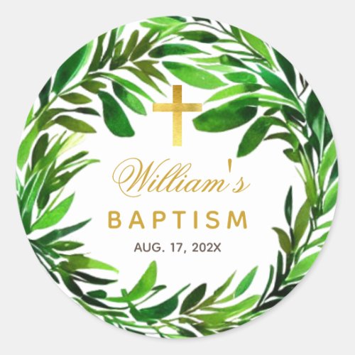 Baptism Greenery Watercolor Green Leaves Foliage  Classic Round Sticker