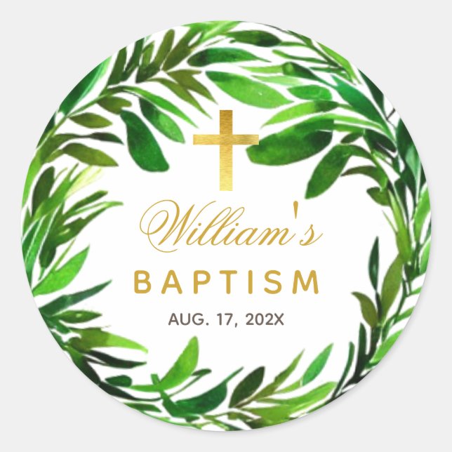 Baptism Greenery Watercolor Green Leaves Foliage  Classic Round Sticker (Front)