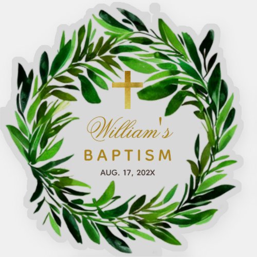 Baptism Greenery Wreath Faux Gold Cross Script Sticker